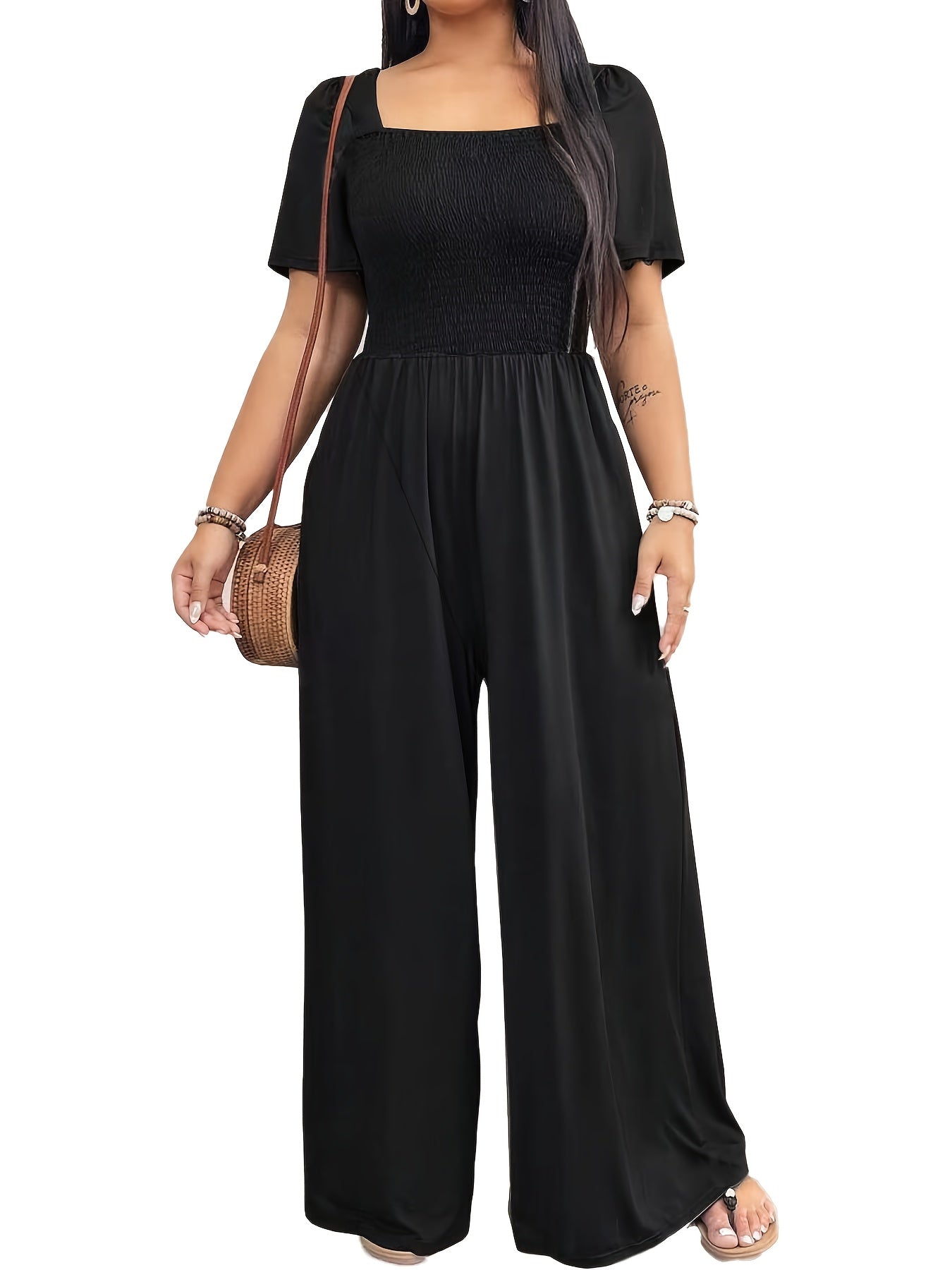 Women's Plus Size Casual Jumpsuit Black Wide Leg High Waist Short Sleeves