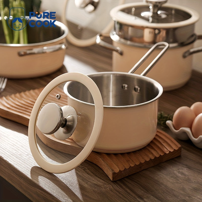 Cooking Pots Set with Glass Lids Stainless Steel Beige and White Compatible with Gas Stove