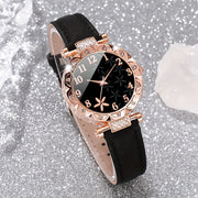 Women's Quartz Watch and Bracelet Set with Faux Leather Strap and Round Zinc Alloy Case
