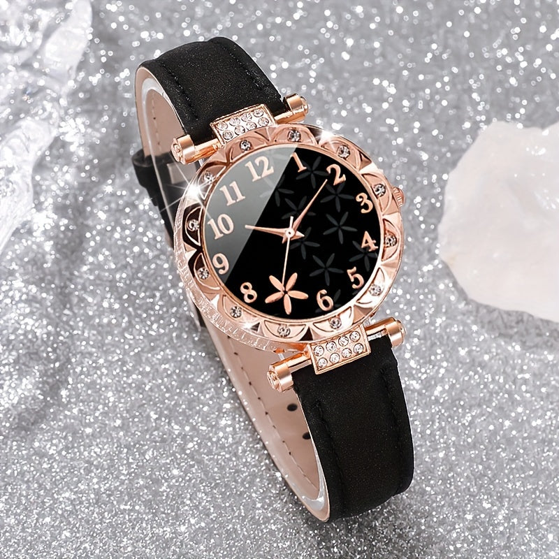 Women's Quartz Watch and Bracelet Set with Faux Leather Strap and Round Zinc Alloy Case