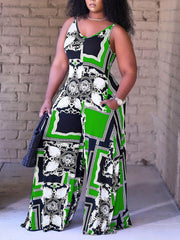 Women's Plus Size Colorblock Scarves Print Wide Leg Jumpsuit