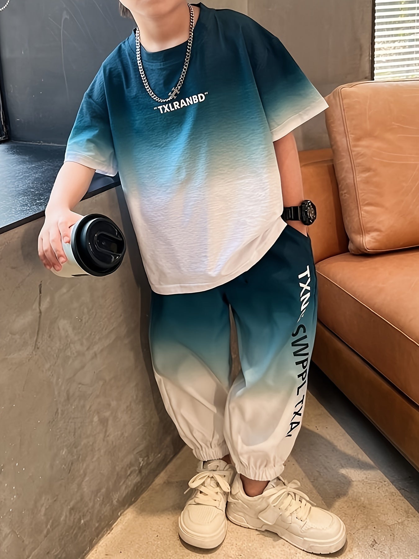 Kids Boys Casual Letter Print Gradient T-Shirt and Joggers Set Summer Lightweight Polyester