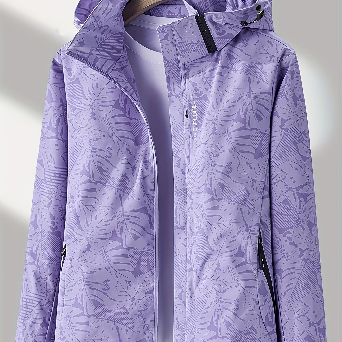 Women's Waterproof Windbreaker Jacket with Zipper Stand Collar and Random Print