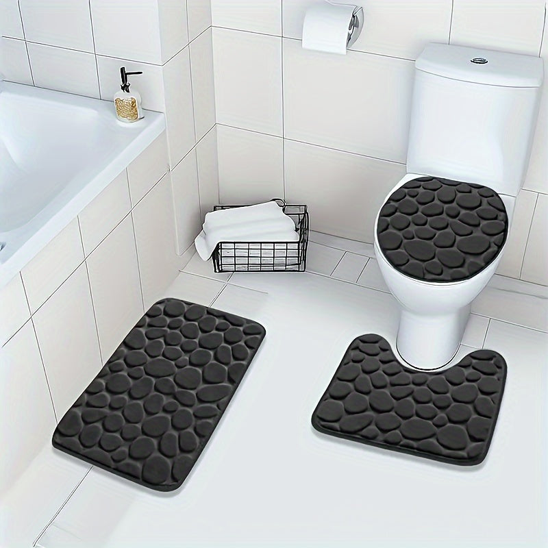 Set of 3 Geometric Bath Rugs with Memory Foam Non-Slip Bathroom Mats
