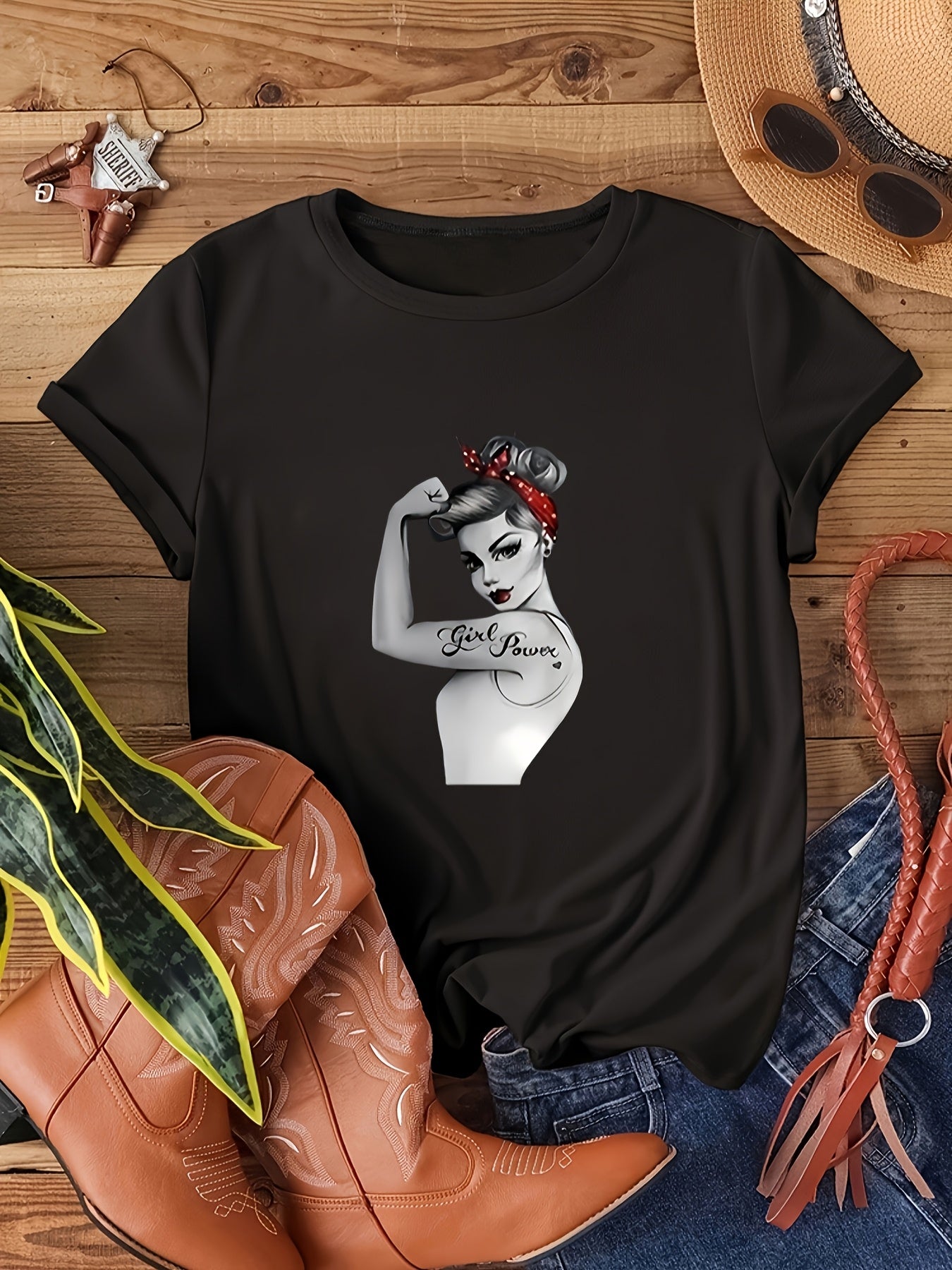 Plus Size Women's Black T-Shirt with Power Graphic Short Sleeve Casual Tee