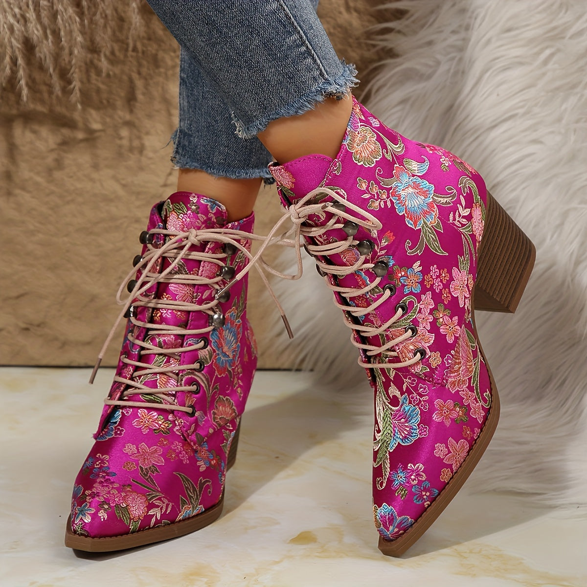 Women's Floral Rivet Lace-Up Ankle Boots with Chunky Heel and Pointed Toe