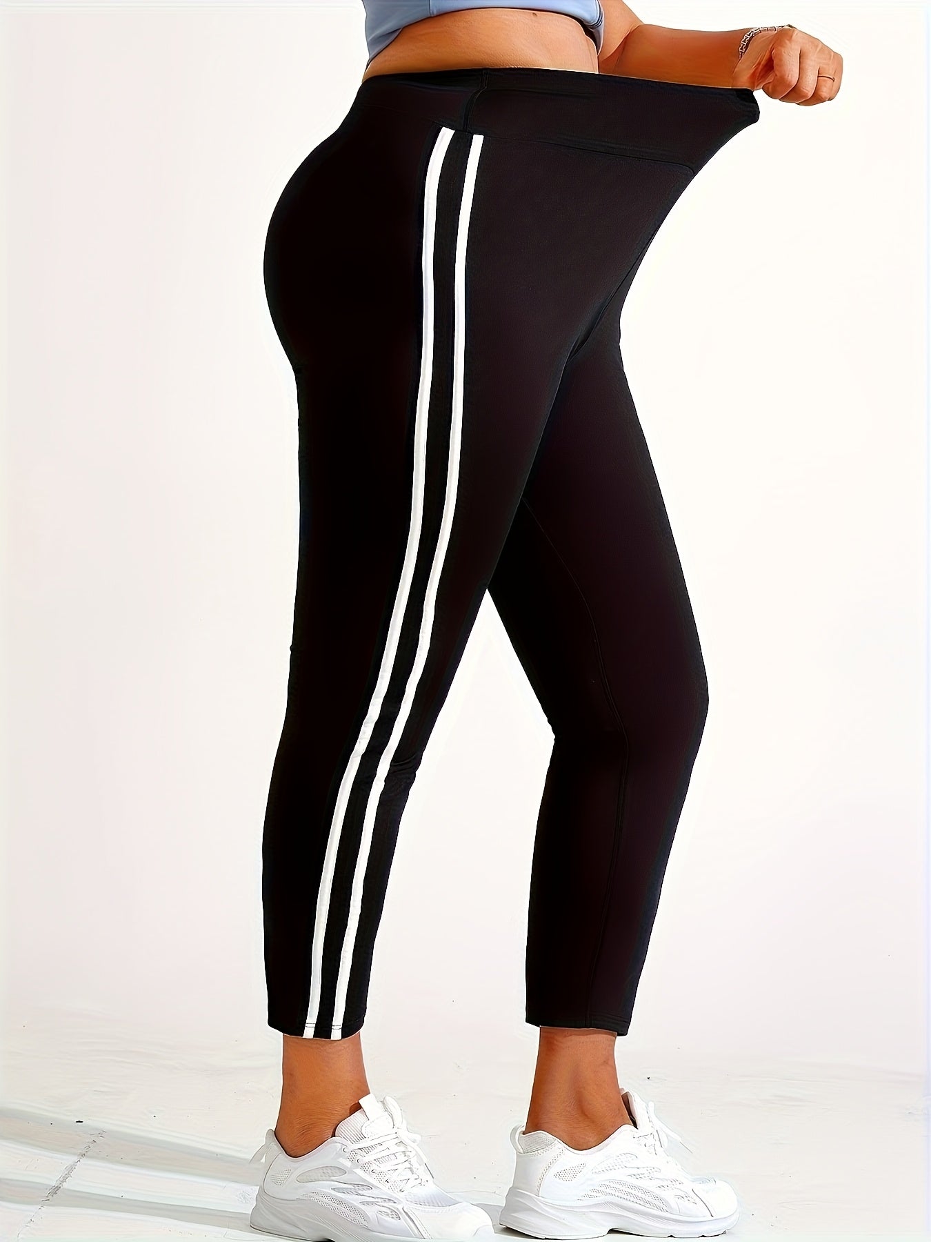 Women's Plus Size High-Waisted Yoga Pants Tummy Control Fitness Leggings with Side Stripes