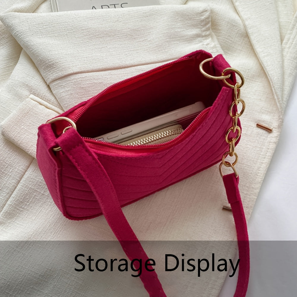 Women's Felt Shoulder Bag with Pom-Pom Charms Adjustable Strap Quilted Design in White Red Black