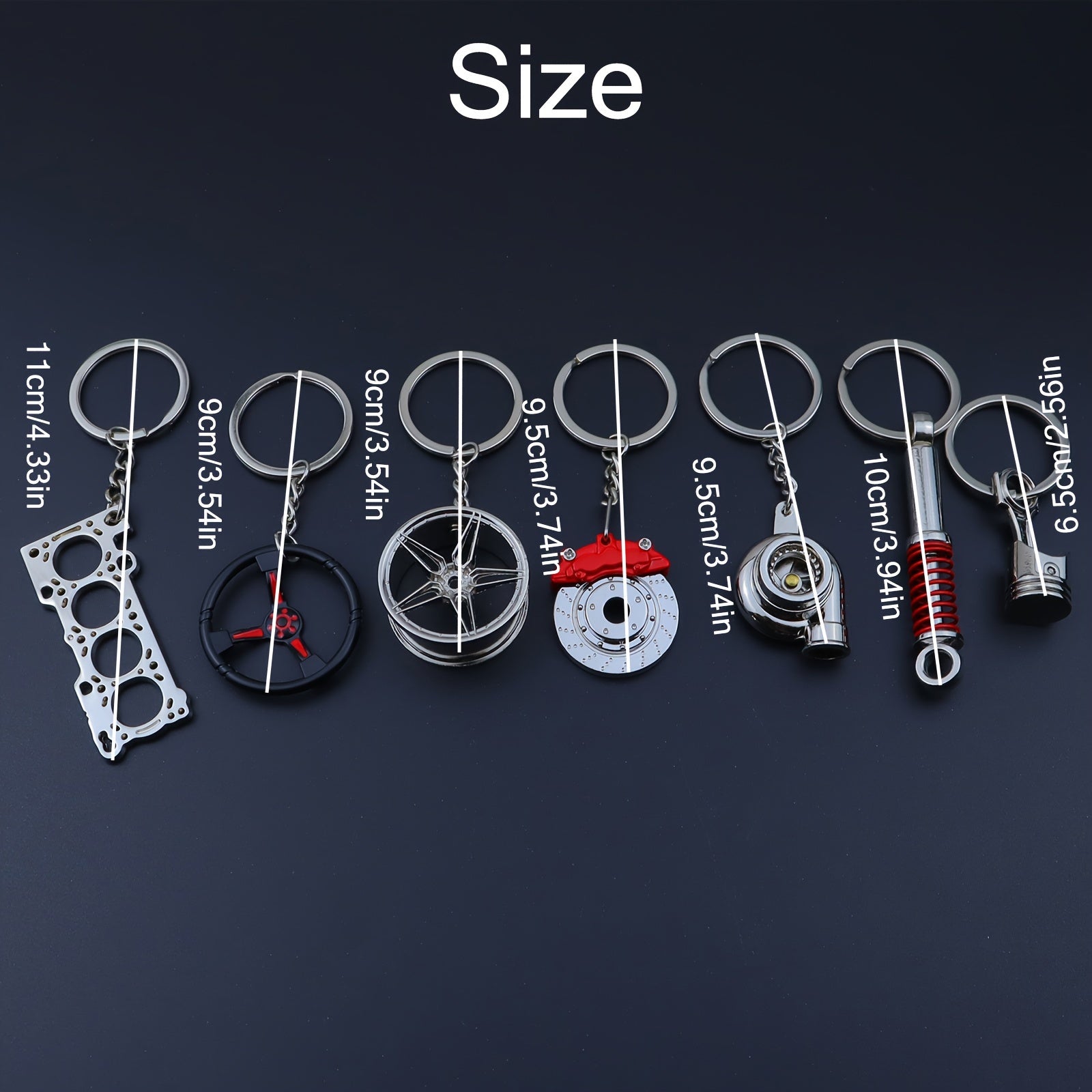 7 ta Avtomobil Ishqibozlari Kalit Zanjiri - Qora Sink Qotishmasi, Dvigatel Bloki, Turbo, G'ildirak Hub va Boshqalar - O'g'il bolalar uchun Ideal Sovg'a