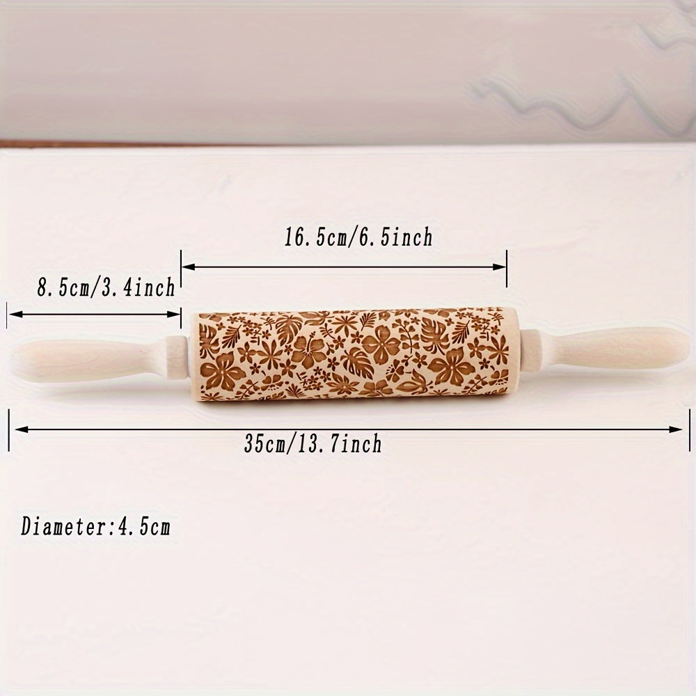 Wooden Embossing Dough Roller with Flower and Leaf Design 34.8cm Kitchen Utensil