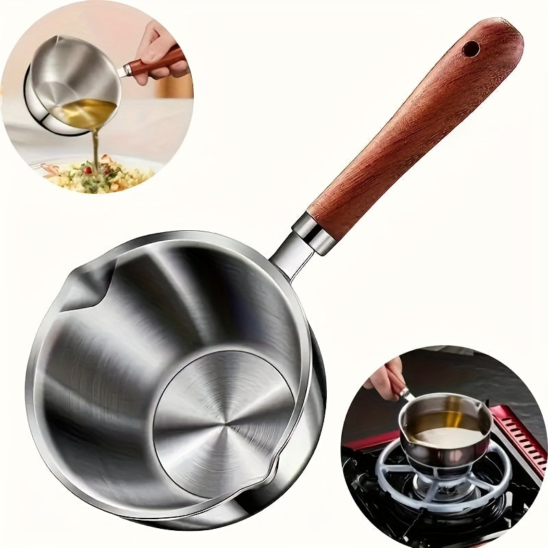 Stainless steel milk warmer with wooden handle for coffee and liquids