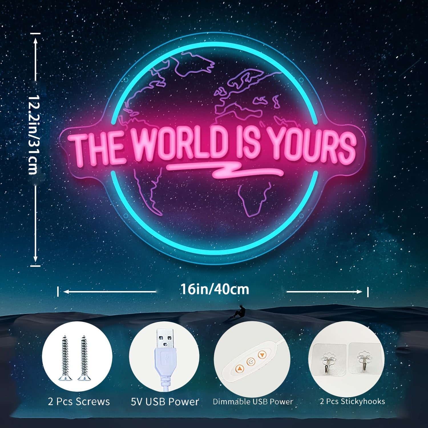 LED Neon Sign The World Is Yours Engraved Planet USB Dimmable Light