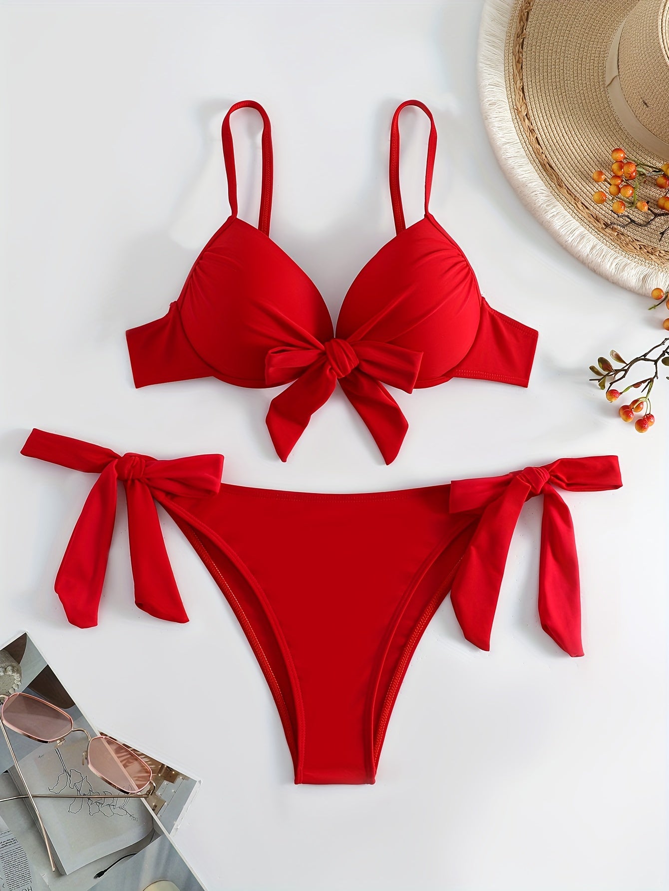 Red Solid Color Bikini Set with Lace Up Halter Neck and High Stretch Fabric