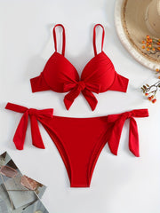 Red Solid Color Bikini Set with Lace Up Halter Neck and High Stretch Fabric