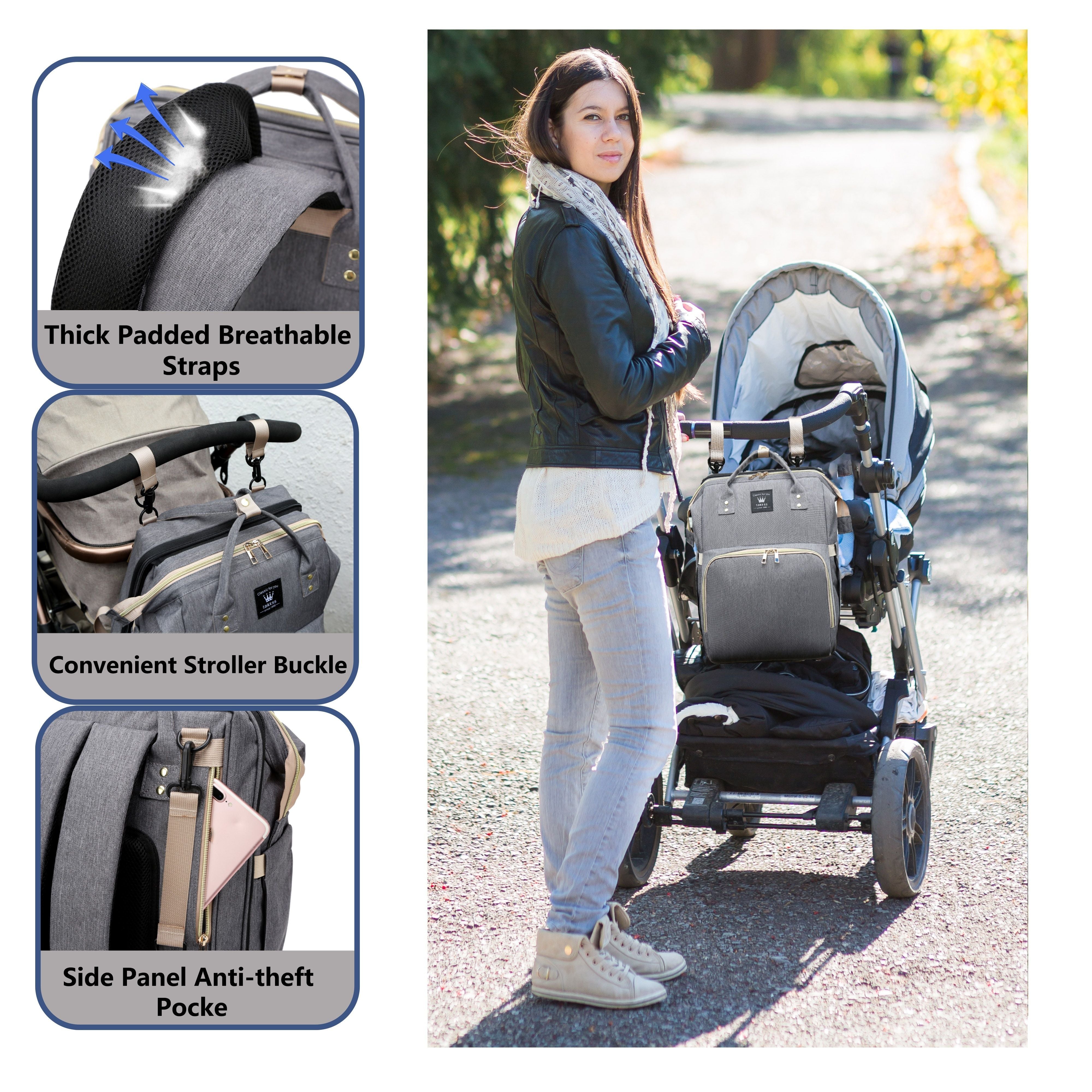 Lamroro Pampers sumkasi, USB zaryad porti bilan, keng, suv o'tkazmaydigan dizayn, nafas oladigan chivin to'sig'i, va katta sig'im.