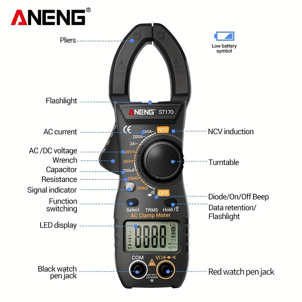 Digital Clamp Meter 500A AC/DC Voltage Resistance Capacitance Non-Contact Testing