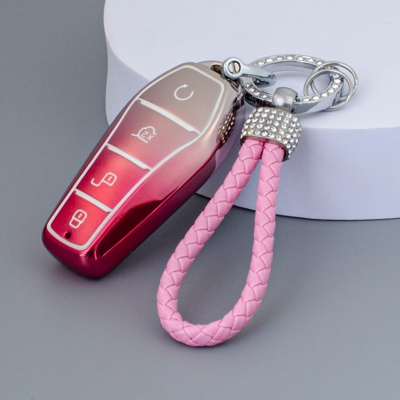Pink TPU Key Fob Cover with Rhinestone Charm for EVs Durable Protective Case
