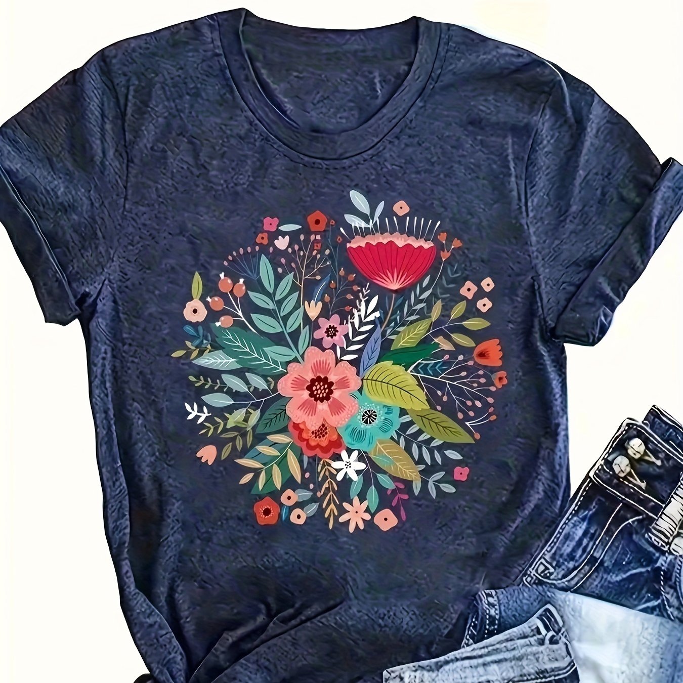 Women's Short Sleeve T-Shirt Relaxed Fit Geometric Floral Summer Top Breathable Fabric