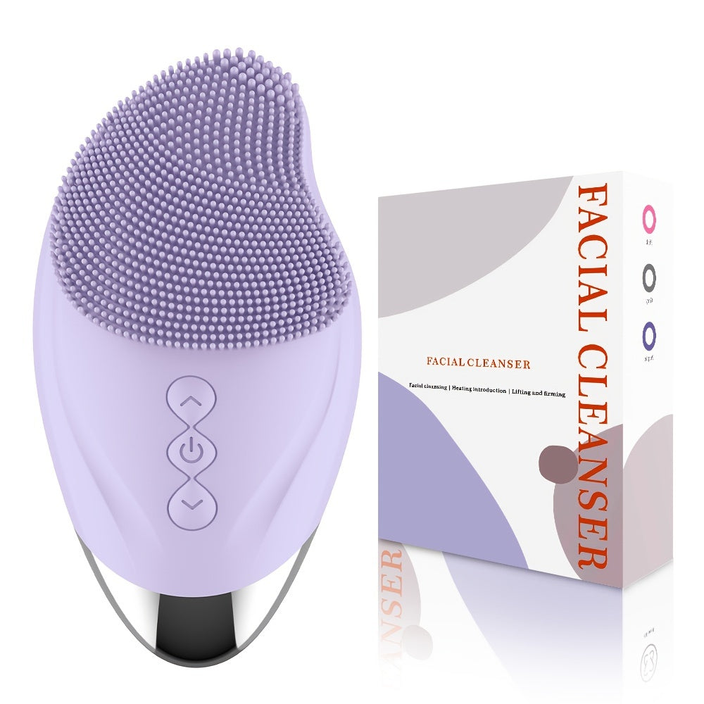 Rechargeable Silicone Facial Cleansing Brush with Heating Massage Pink Purple Grey