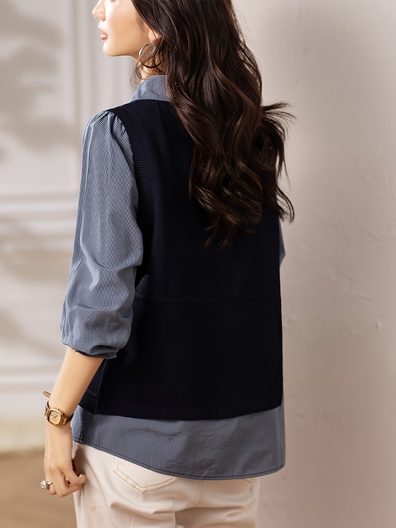 Ayollar uchun yupqa fit faux ikki qismli pullover kofta patchwork dizayni