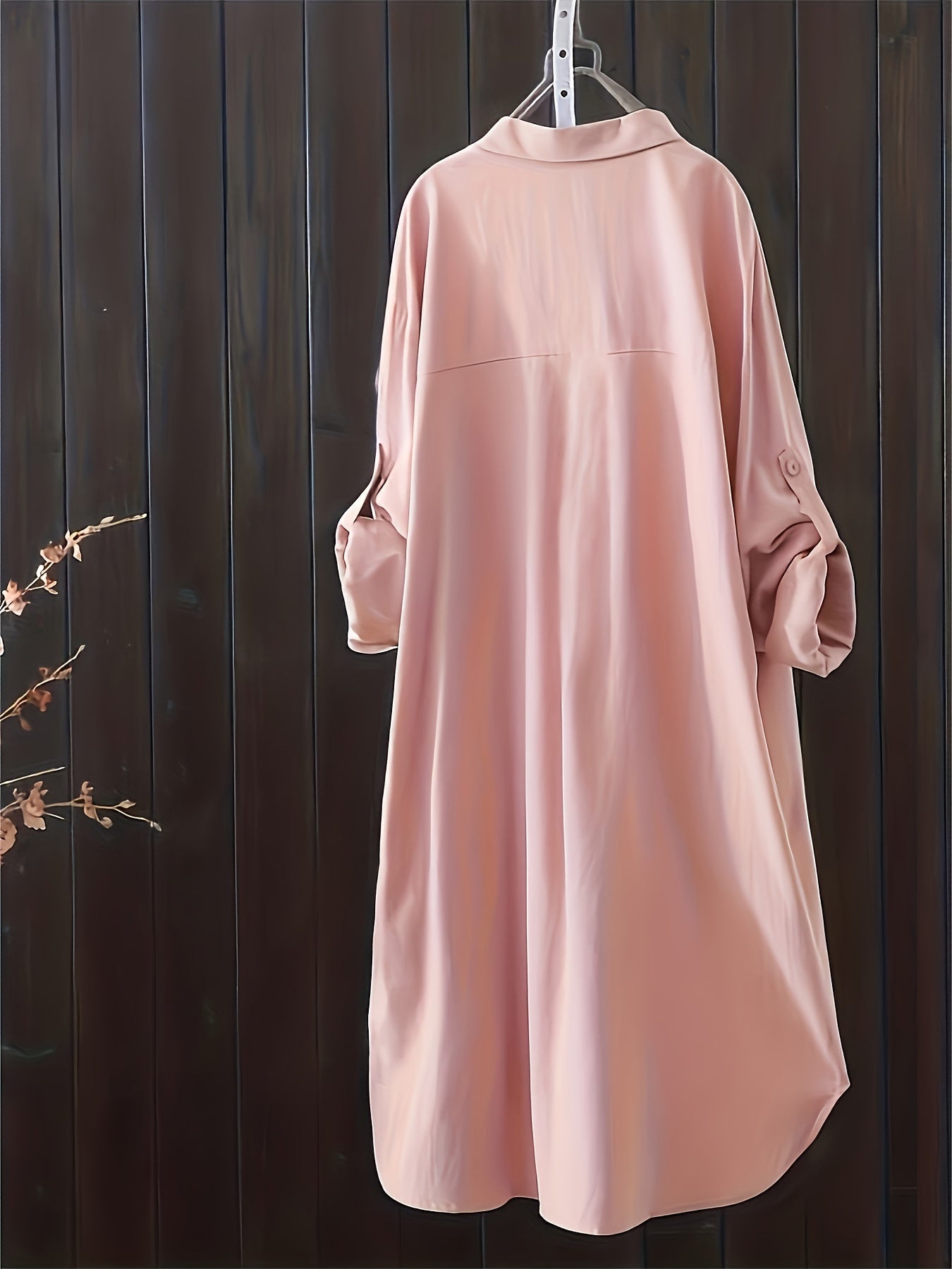 Women's Casual Oversized Midi Shirt with Lapel Collar and Button Details in Polyester Spandex Blend