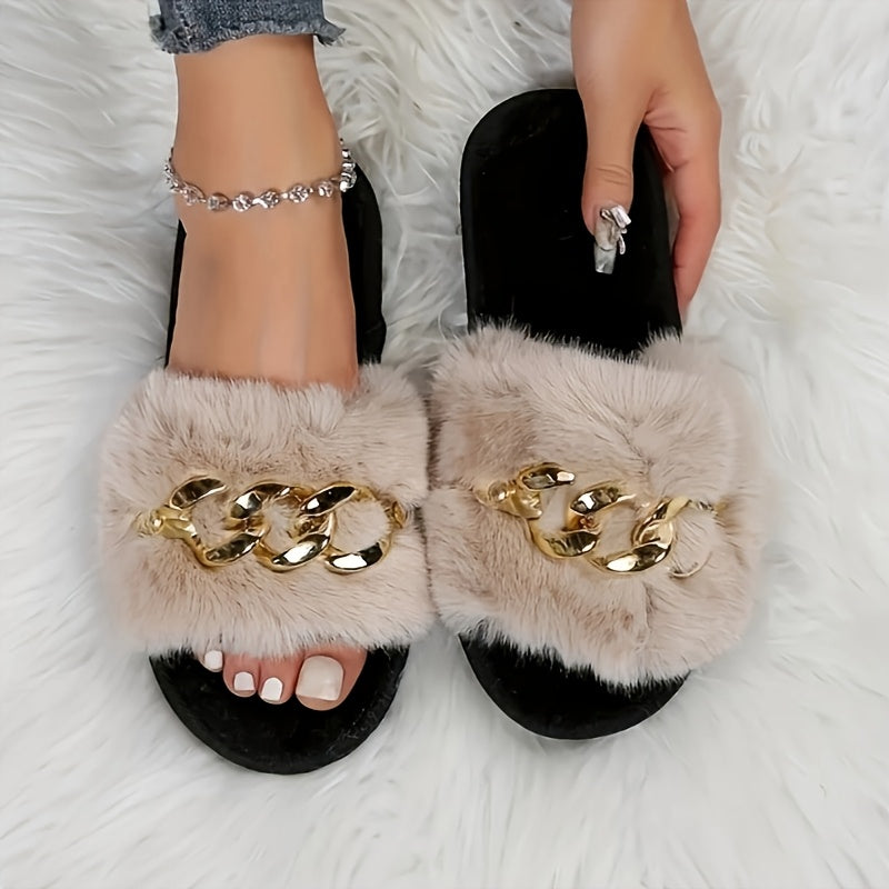 Women’s Faux Fur Slip-On Slides with Chain Link Detail and TPR Sole