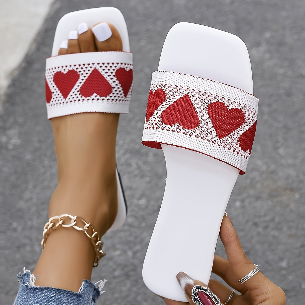 Women's Heart Decor Slide Sandals Casual Flat Summer Shoes
