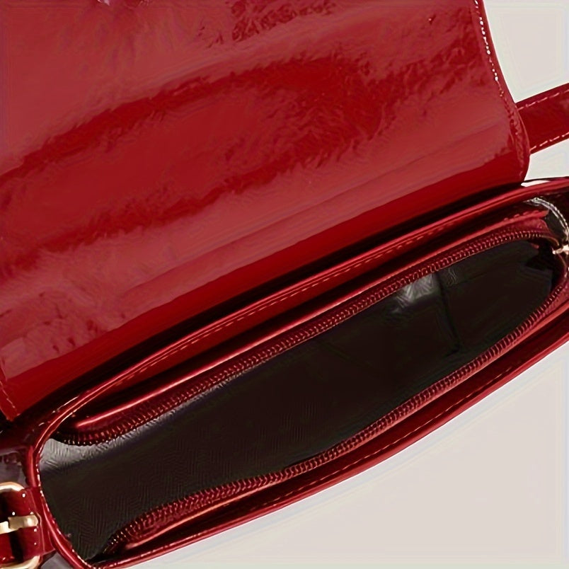 Red Baguette Bag for Women with Detachable Strap and Gold Hardware