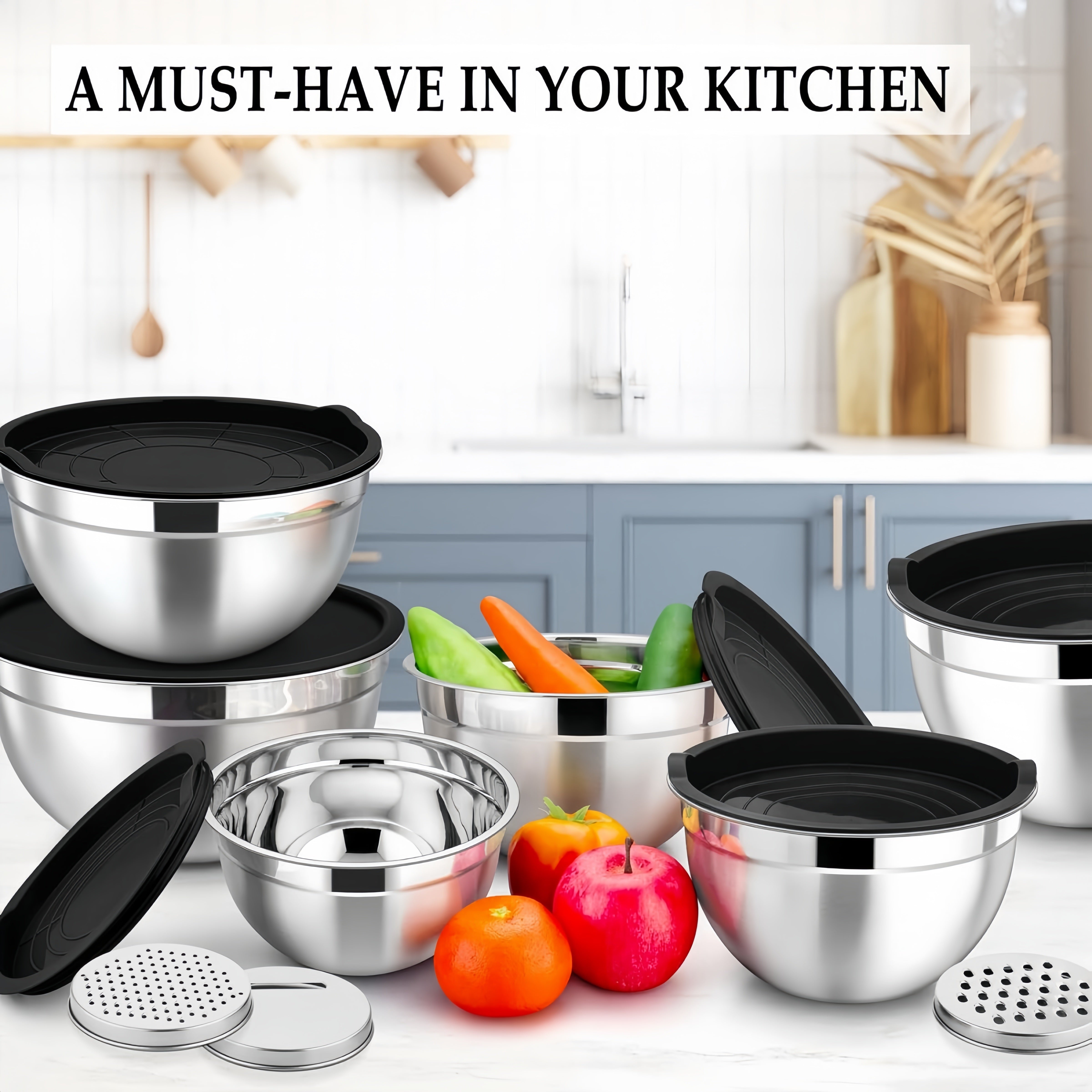 15-Piece Stainless Steel Mixing Bowls Set with Black Seal Covers and Grater Accessories