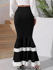 Plus Size Mermaid Tail Skirt with Ruffle Hem Black White Two-Tone