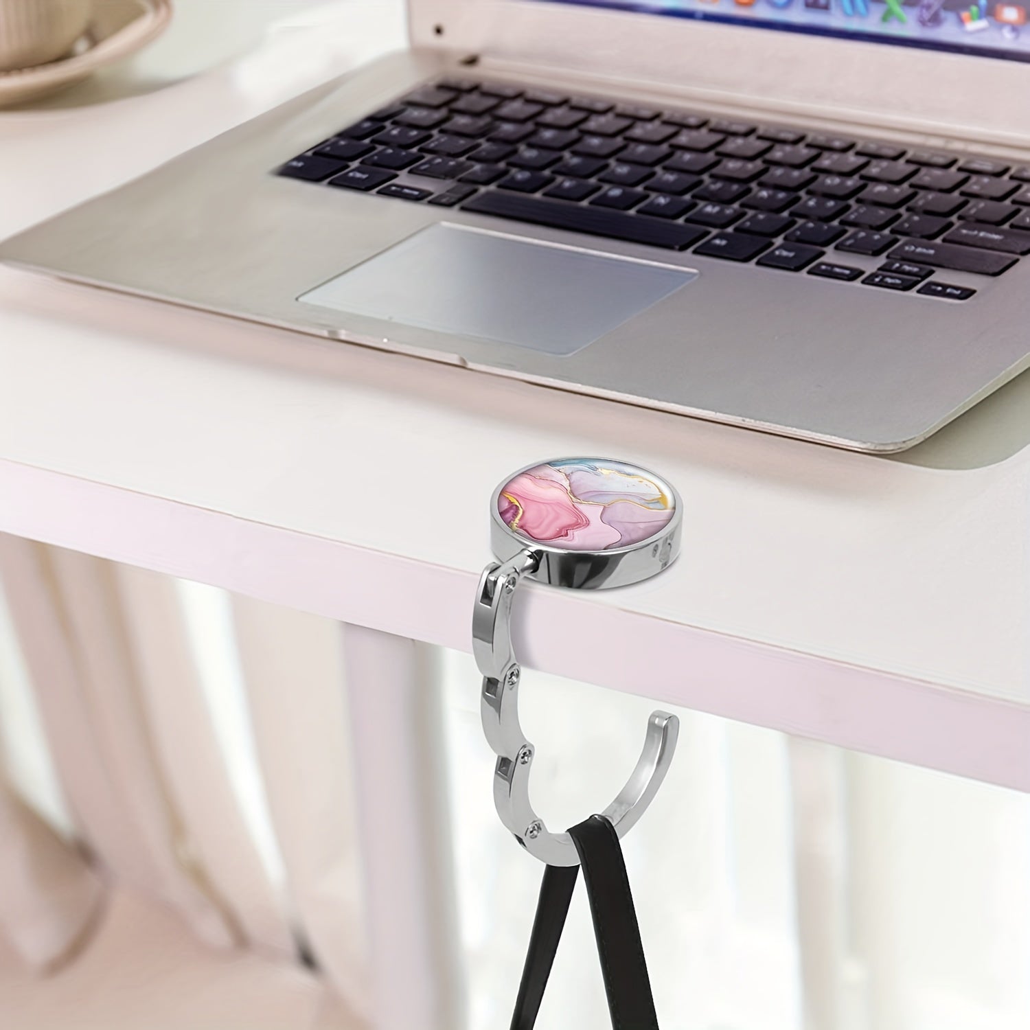 Percha de bolso plegable de mármol rosa, gancho portátil para bolsos en mesas