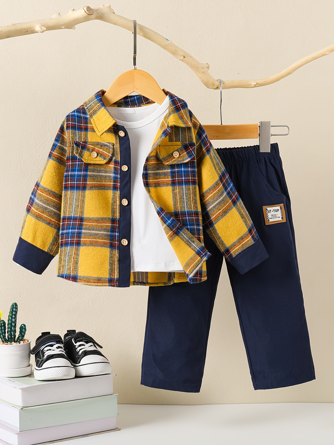 Boys' Plaid Outfit Set Long Sleeve Shirt and Pants Fall Winter Polyester