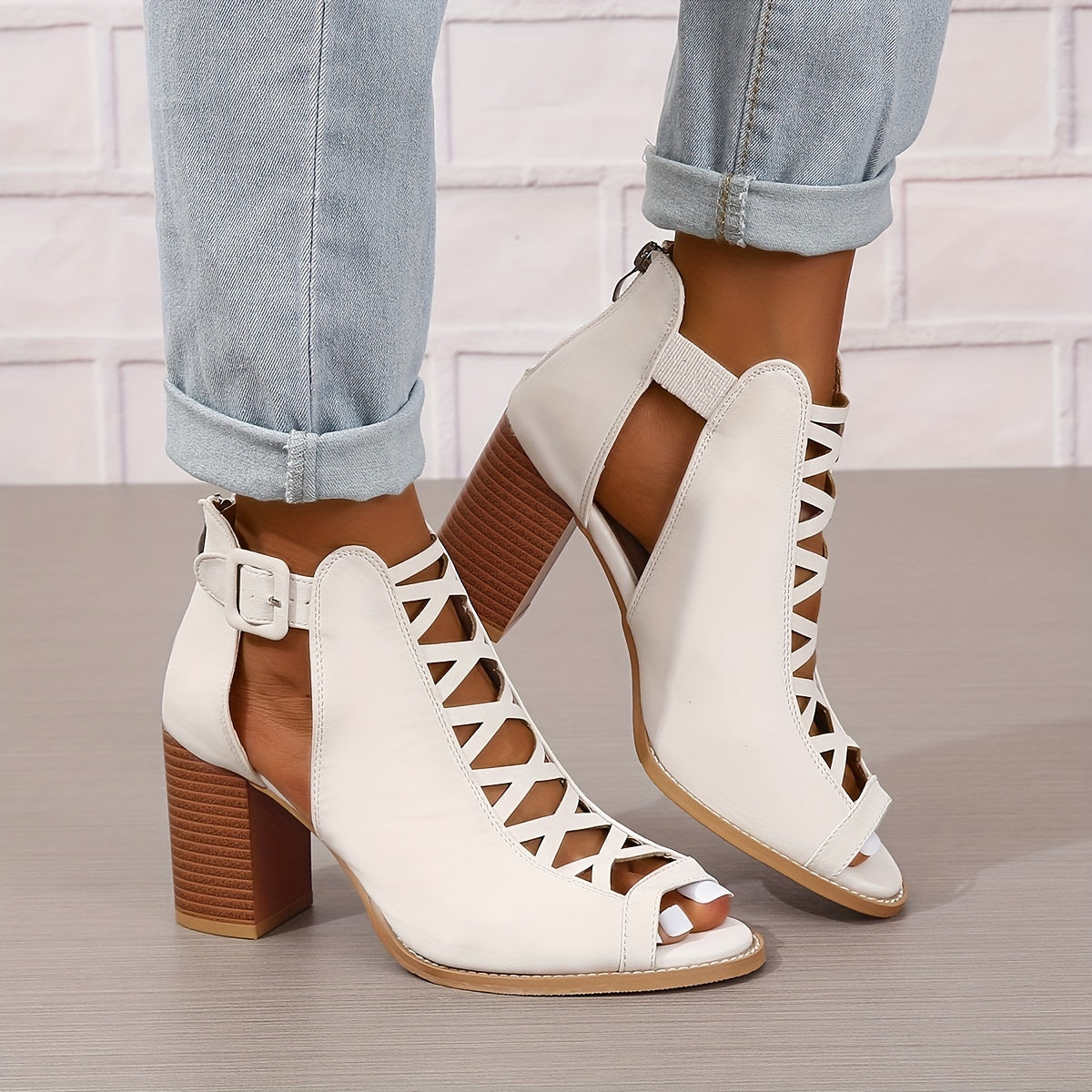 Women's Brown Faux Leather Ankle Boots Peep Toe Chunky Heel Crisscross Straps Buckle Closure Summer Rubber Sole