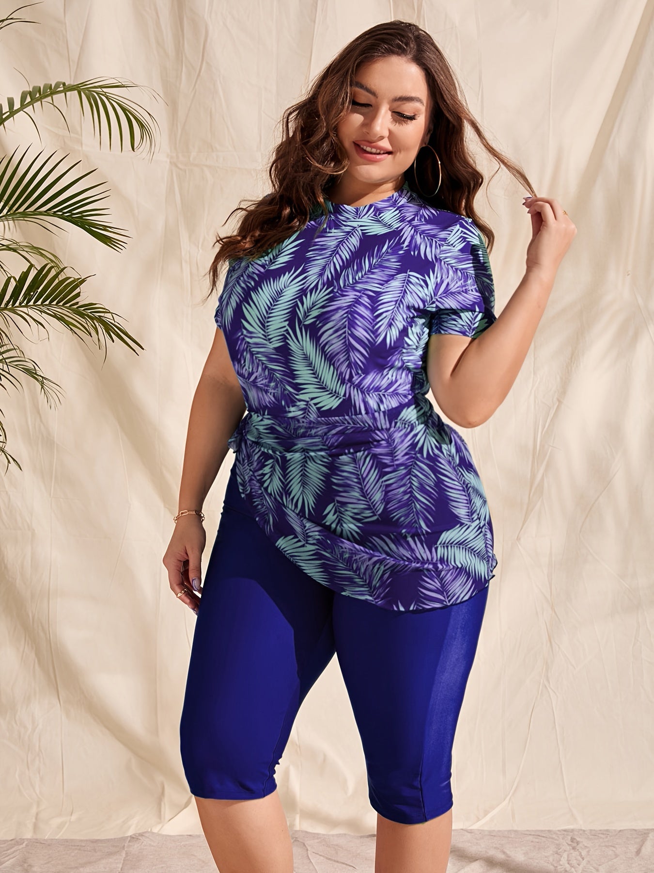 Women's Plus Size Modest Printed Tankini Swimsuit Set with Cover-Up