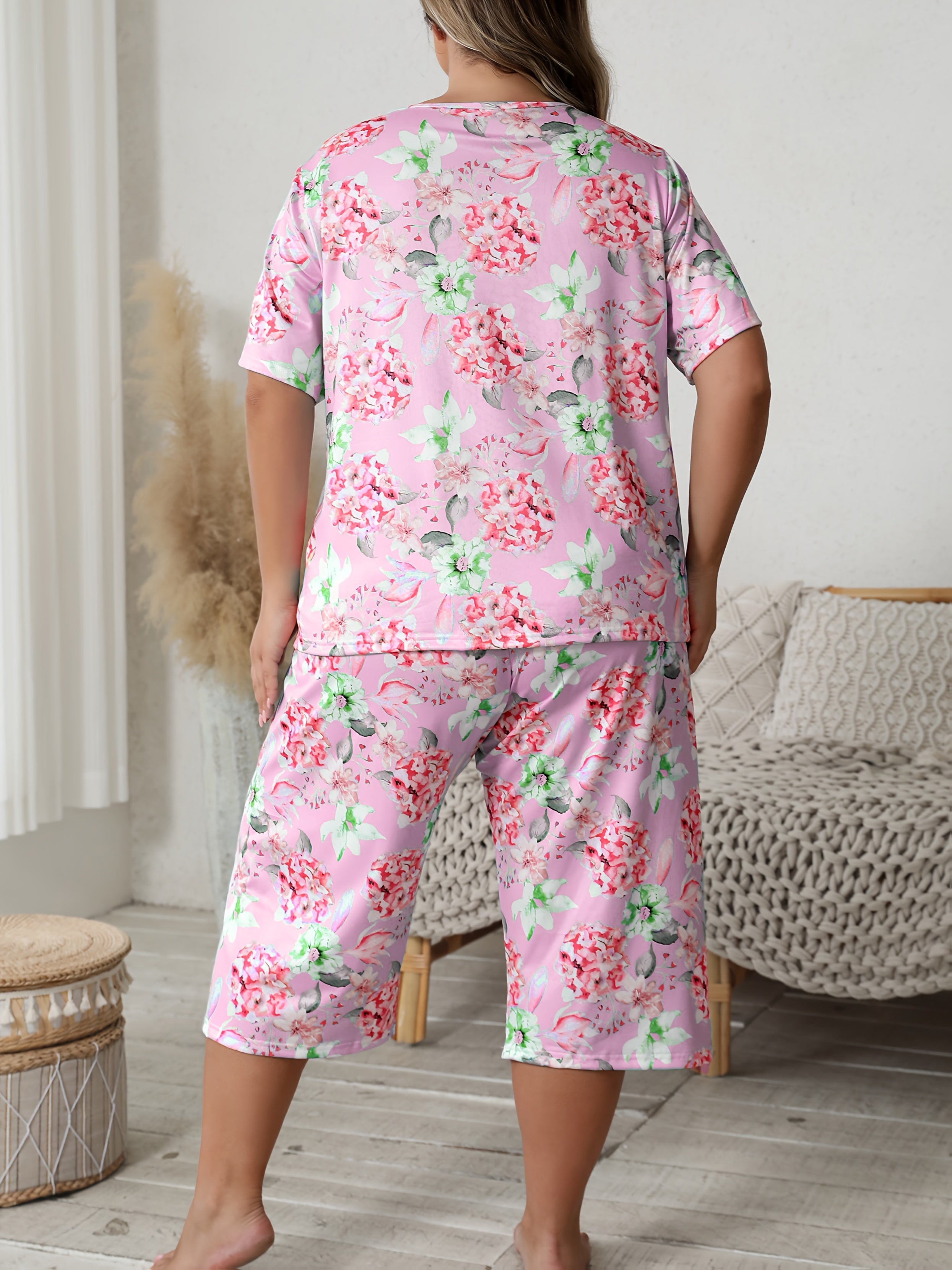Women's Floral Print Pajama Set with Shorts and Seven-Eighth Pants