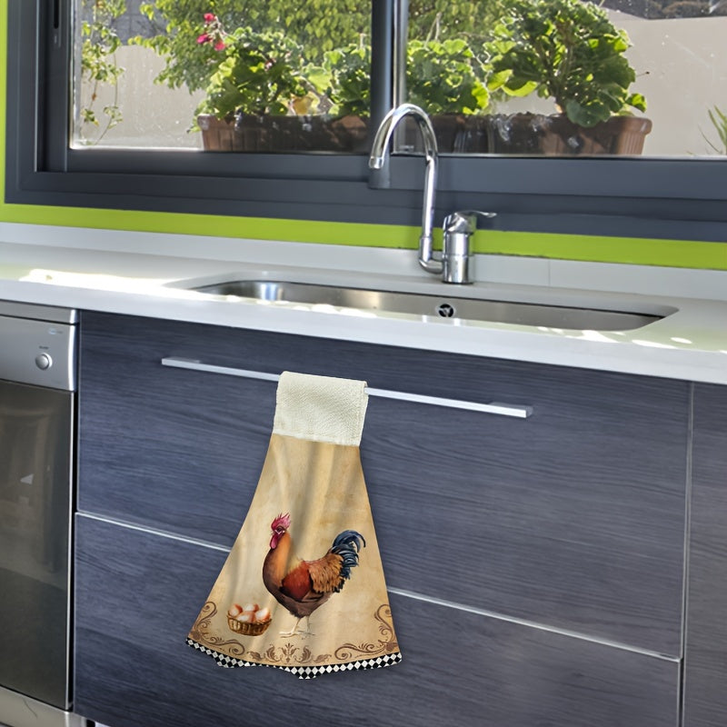 Microfiber Kitchen Towels Set of 2 Vintage Chicken Design Animal Themed Cloths with Loop