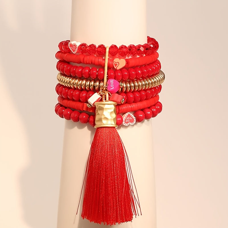 Red Beaded Heart Bracelet with Tassel Pendant Multi-Layer Boho Style for Women