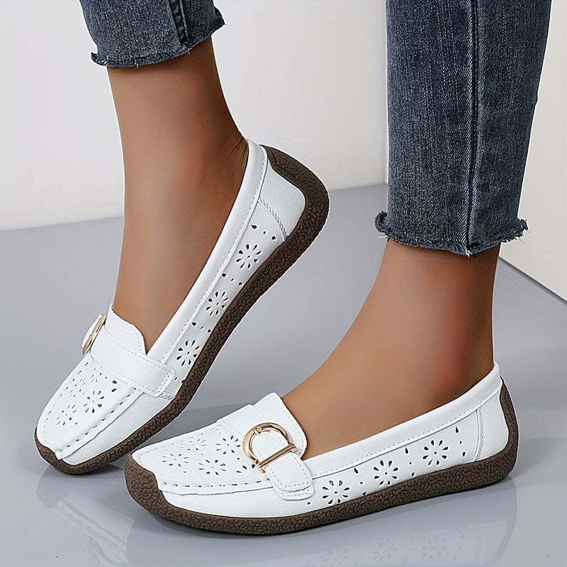 Women's White Slip-On Loafers with Ventilation Holes, Gold Buckle, Soft TPR Sole