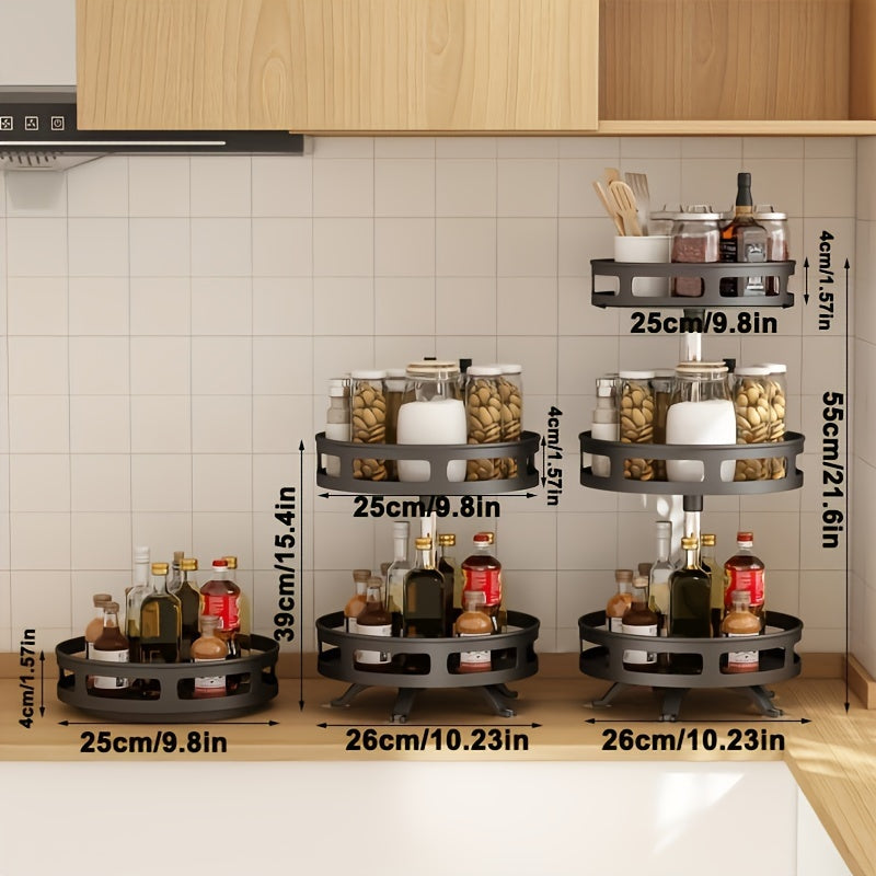 360° Rotating Kitchen Organizer Adjustable Height Metal Spice Rack Lazy Susan