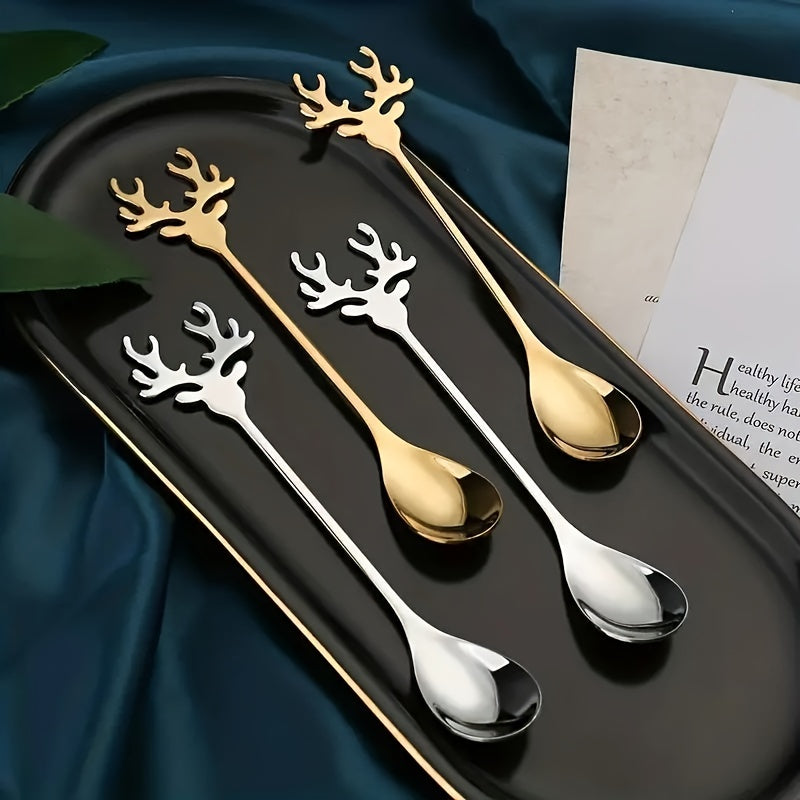 Set of 8 Christmas Deer Head Stainless Steel Coffee Spoons for Tea and Dessert