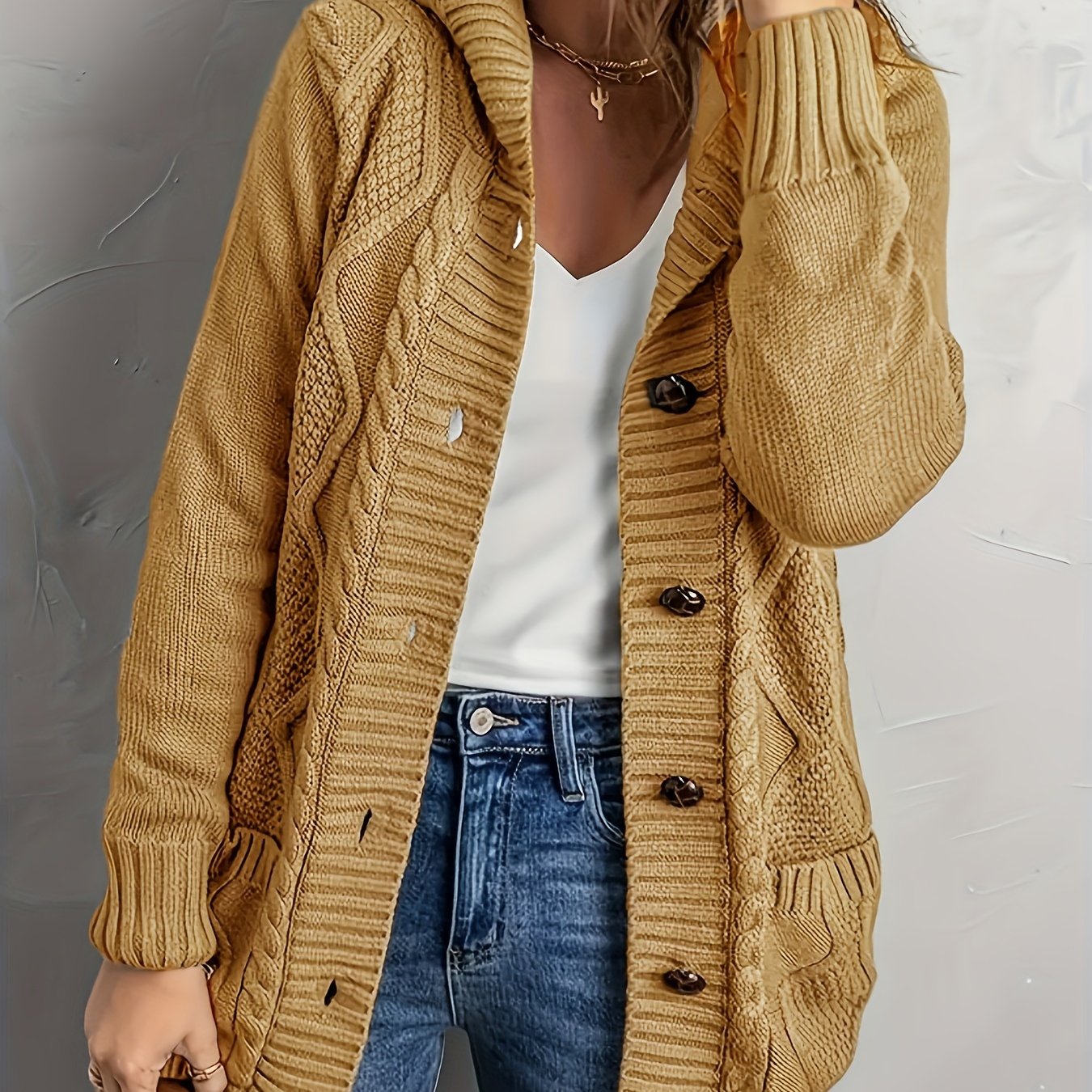 Women's Plus Size Solid Color Long Sleeve Hooded Cardigan Casual Outfit