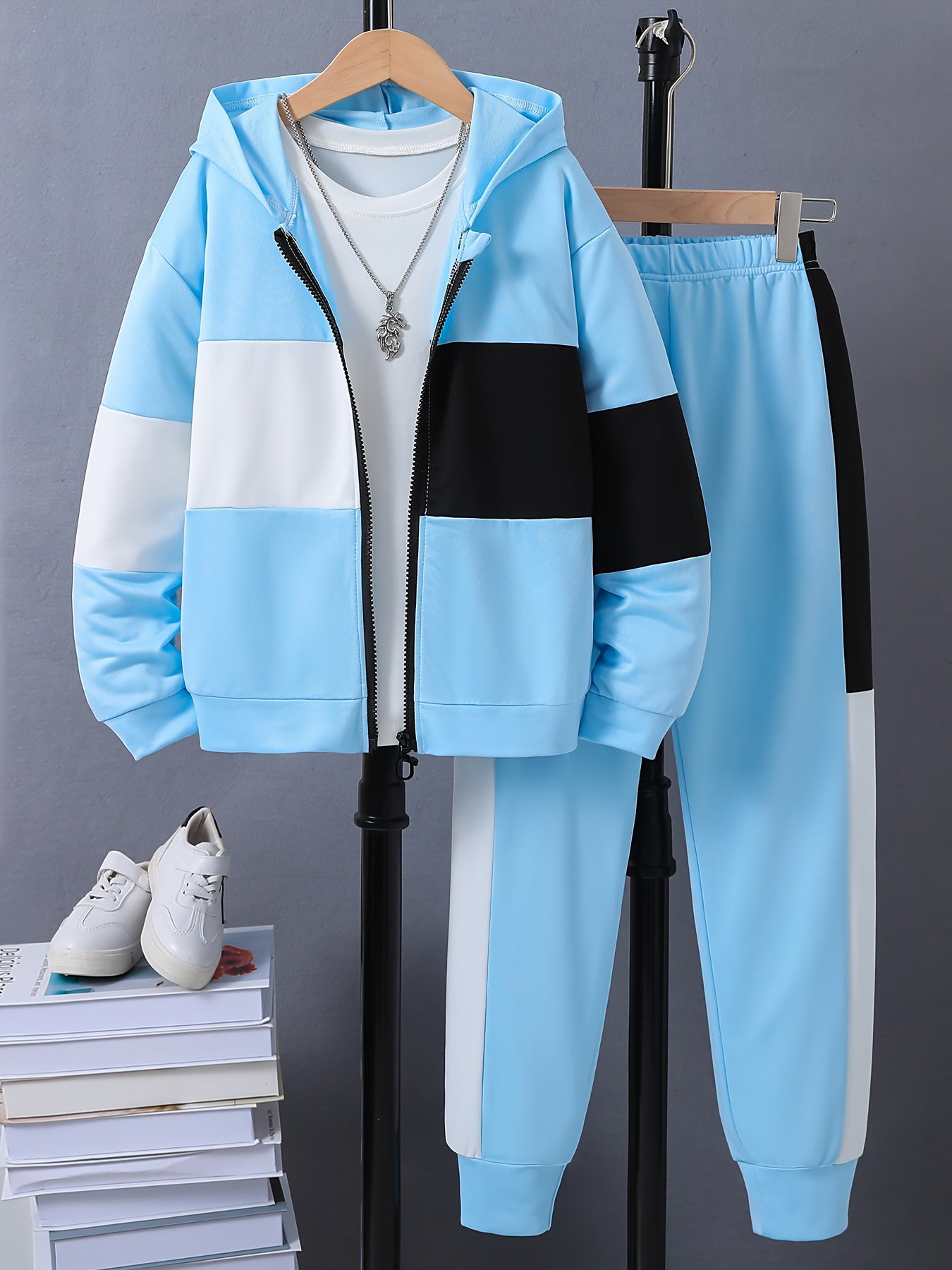 Kids Boy's 2-Piece Color Block Hoodie Set with Zip-Up Hoodie and Pants Spring Fall Casual