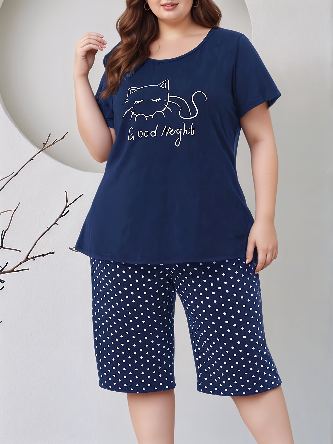 Женский летний пижамный комплект больших размеров с котами, топ с коротким рукавом и шорты, синий и белый, полиэстер
