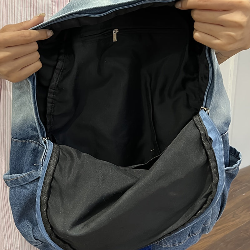 Yuvilgan Gradient Denim Elka Sumkasi, Qizil Yulduz Patch bilan, Ayollar uchun Katta Hajm