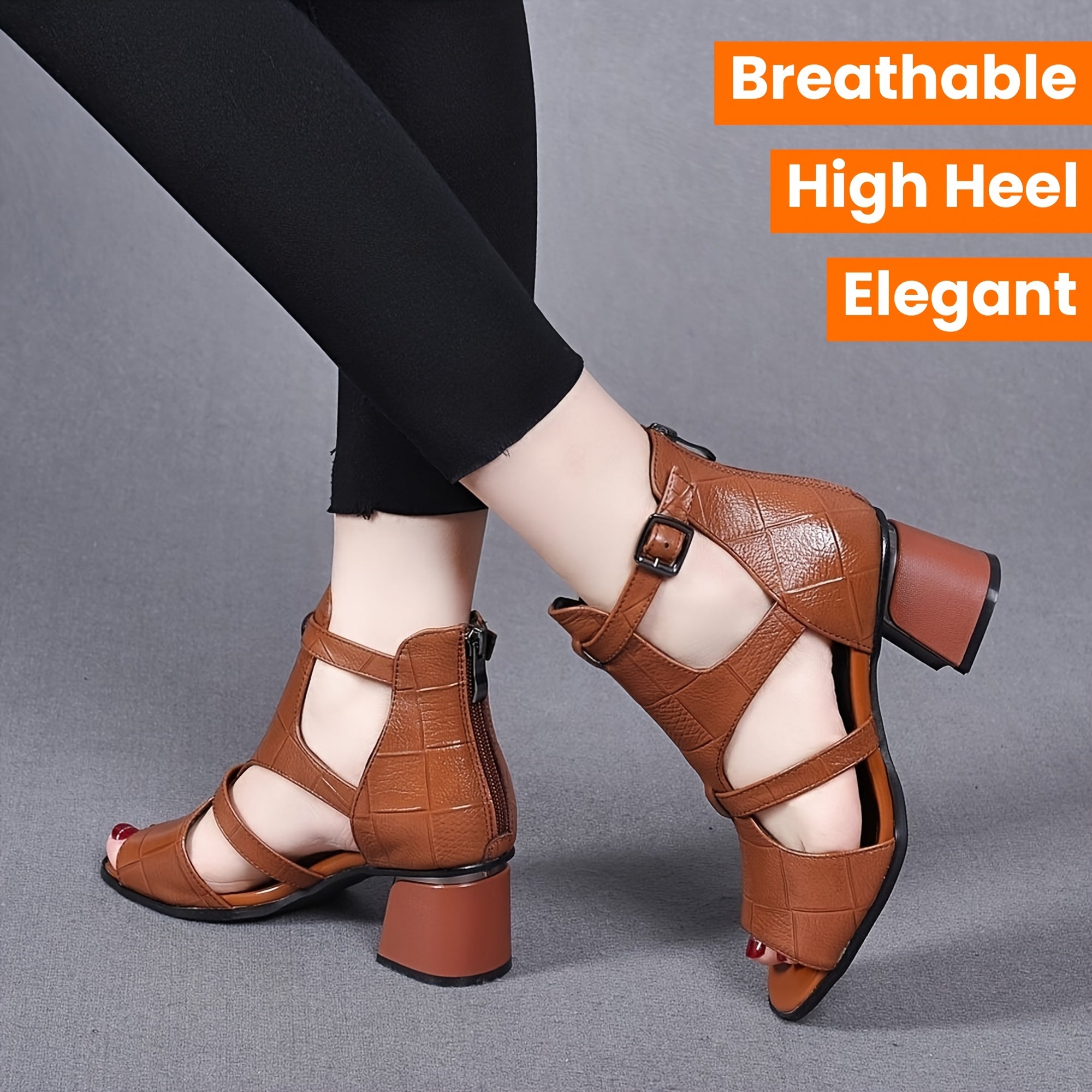 Women's Brown Cover Sandals with Block Heel Ankle Strap Peep Toe Summer