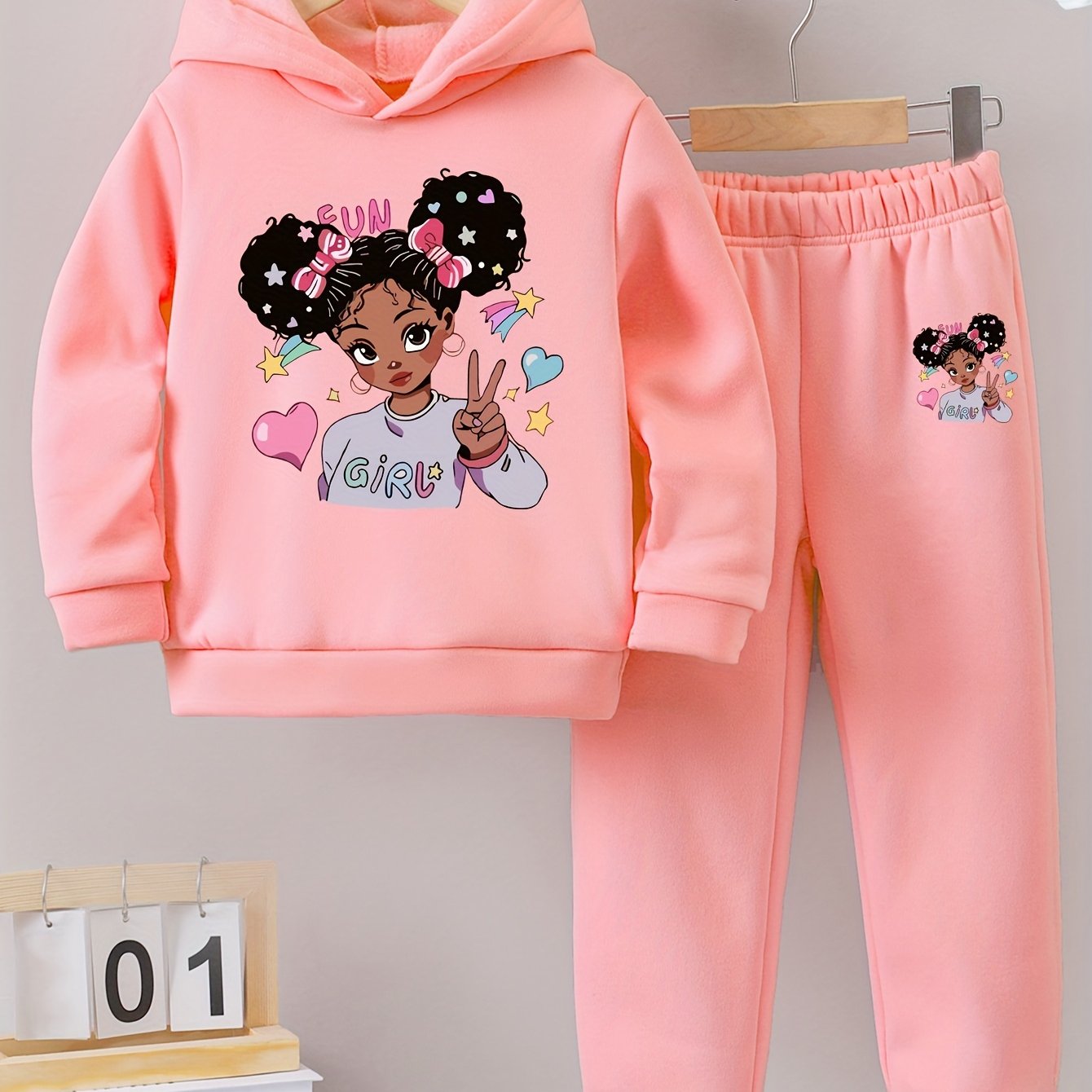 Girls' Fleece-Lined Autumn Winter Hoodies and Sports Pants with Printed Patterns