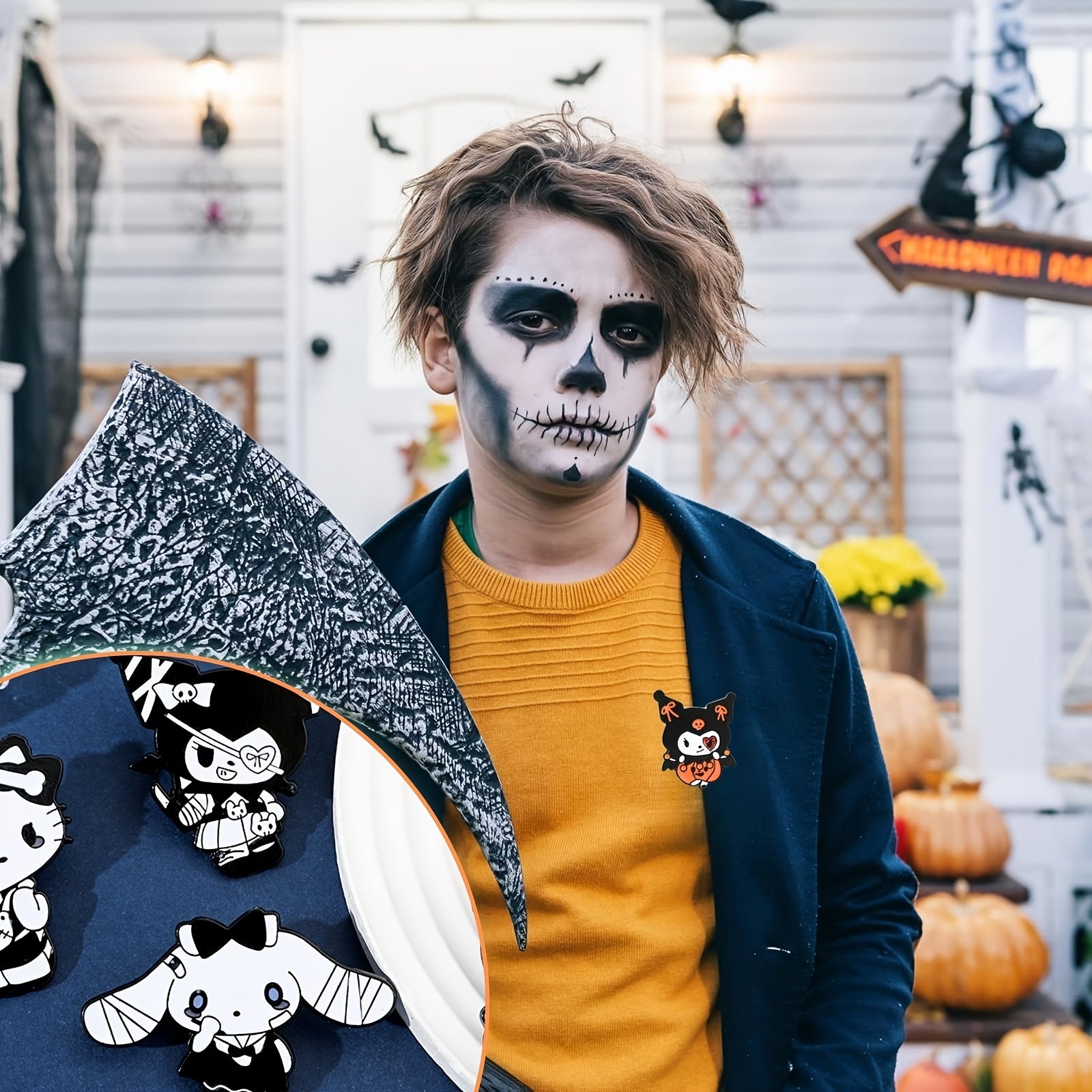 Set of 6 Halloween Enamel Pins with Cartoon Characters Hello Kitty My Melody Kuromi Witch Ghost Nurse Badges for Hats Bags Jackets