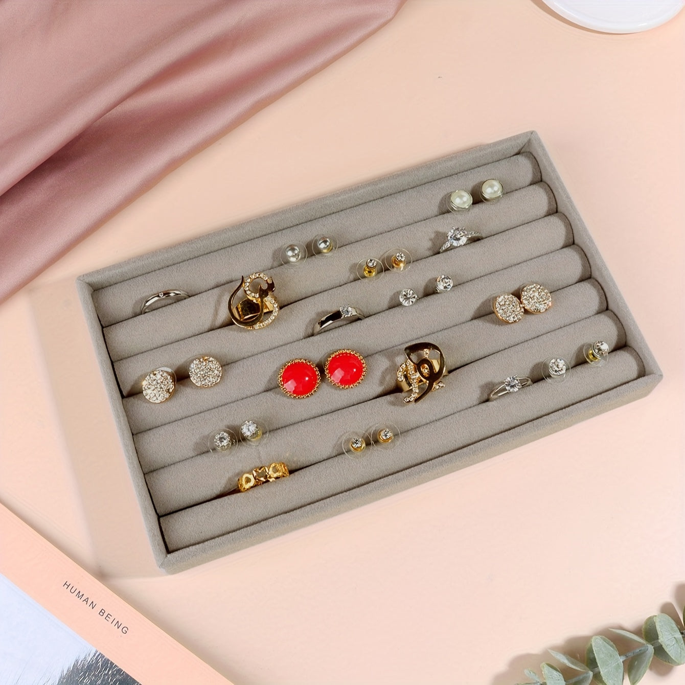 Caja de joyería de terciopelo para anillos, pendientes y almacenamiento de joyas