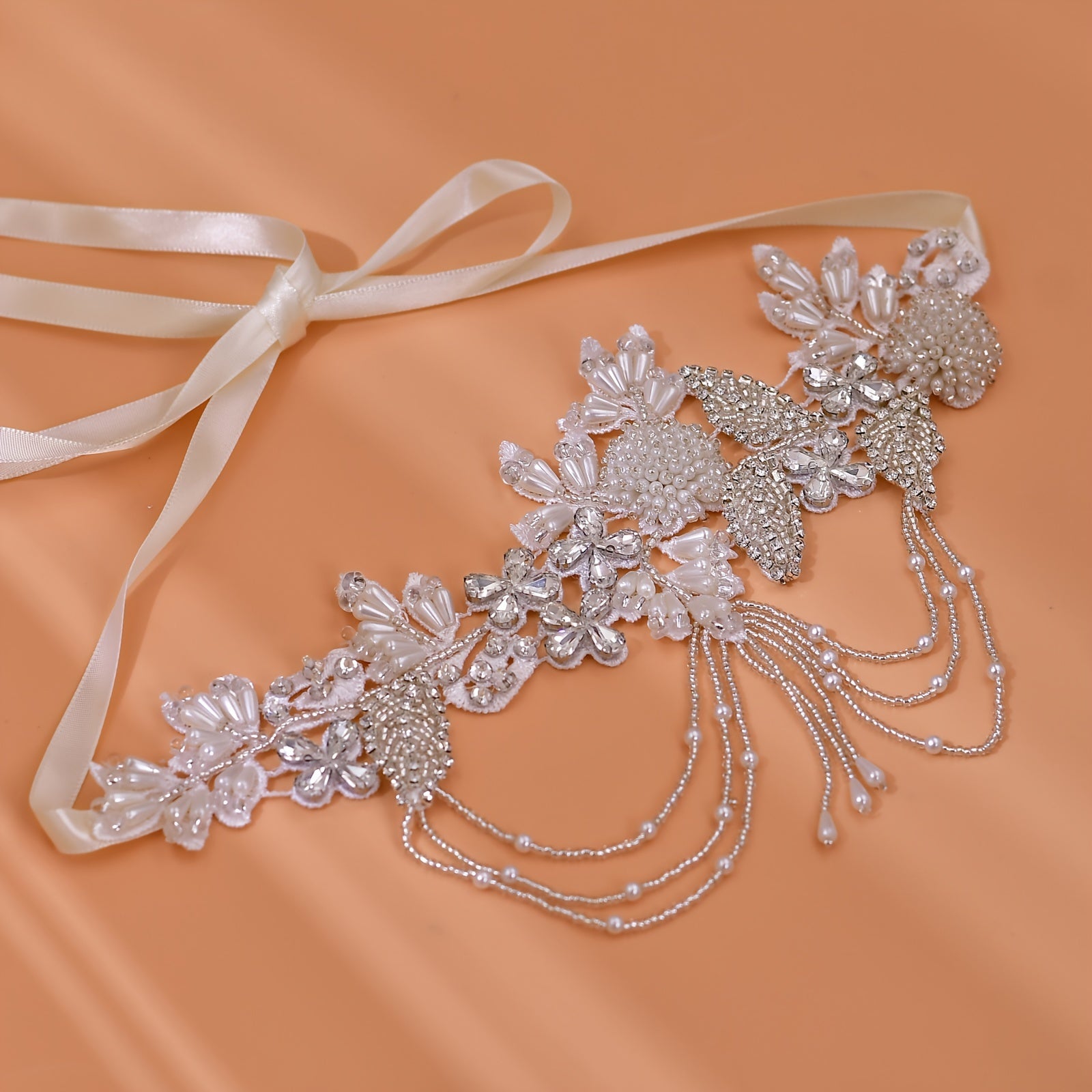 Bridal Satin Ribbon Belt with Rhinestone Waistband and Tassel Beads