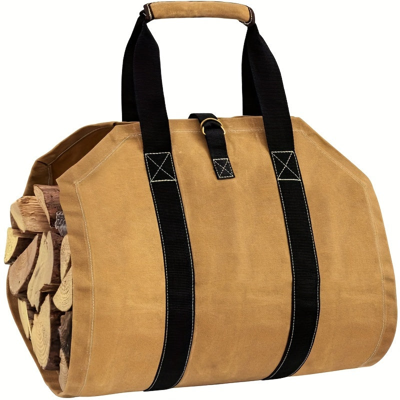 Canvas Firewood Carrier Bag with Ergonomic Handles for Fireplaces and Stoves